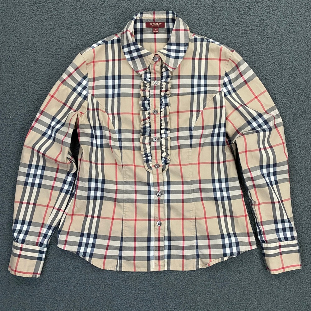 Burberry London Top Women Medium Plaid Nova Check Button Up Shirt Ruffle Vintage